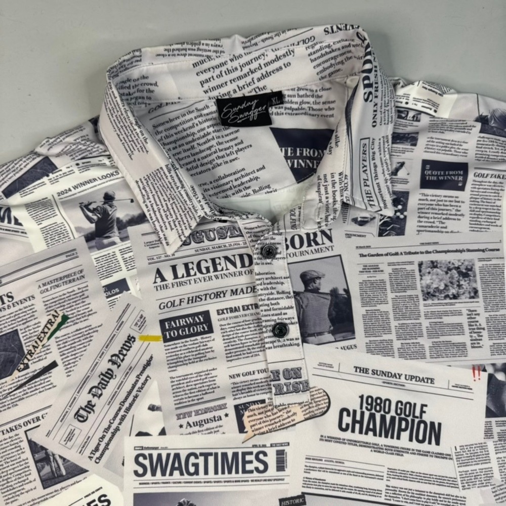 Sunday Swagger Newspaper Print Golf Polo Men XL White Black Short Sleeve Sport